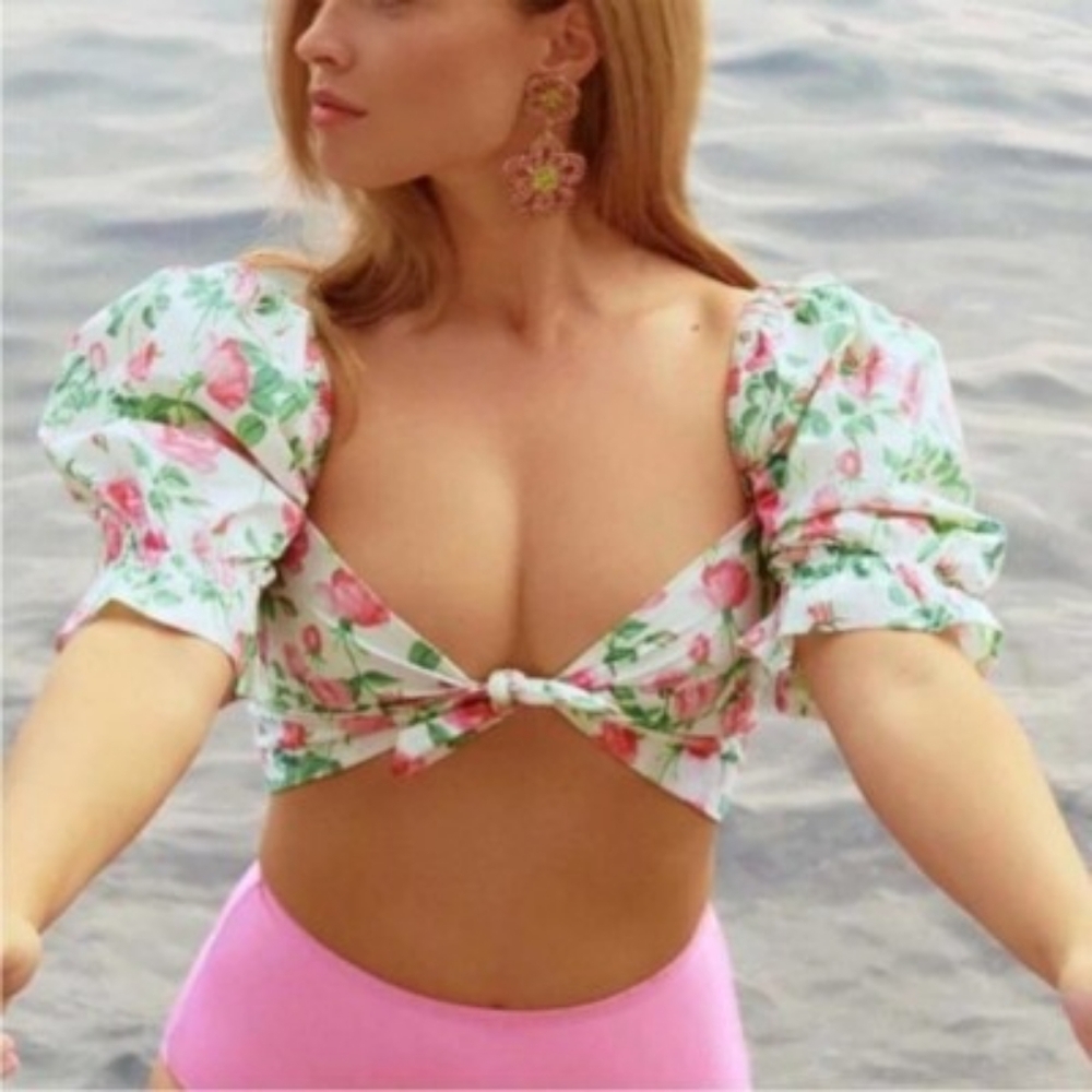Hill House Pink Roses Isabella Crop Top S  NWT Cottage Core Garden Party Swim